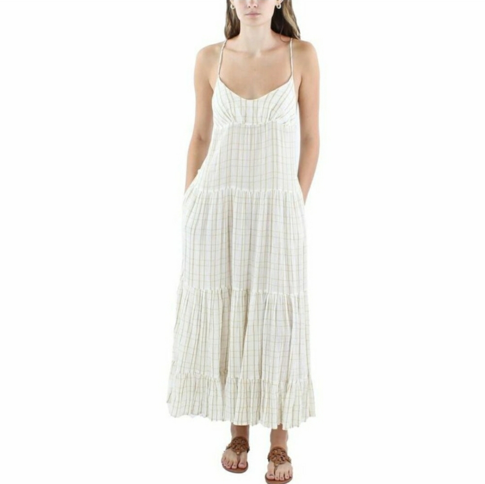 Free People Marigold ivory check Cotton Gauze tiered maxi Sundress L